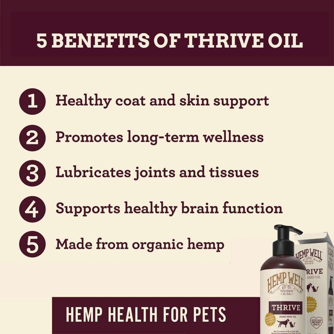 Organic USA Grown Thrive Oil for Dogs & Cats - Hemp Well® anxiety reduction broad spectrum cat tag4 organic over 1,000,000 pets love Hemp Well